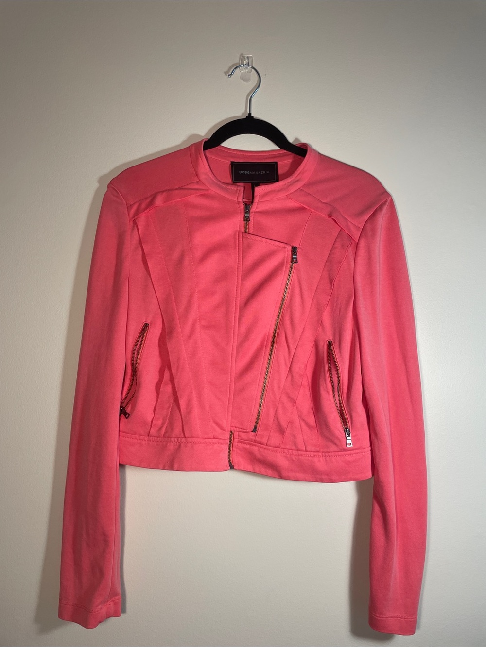 BCBGMaxAzria Pink Cropped Asymmetrical Zip Jacket